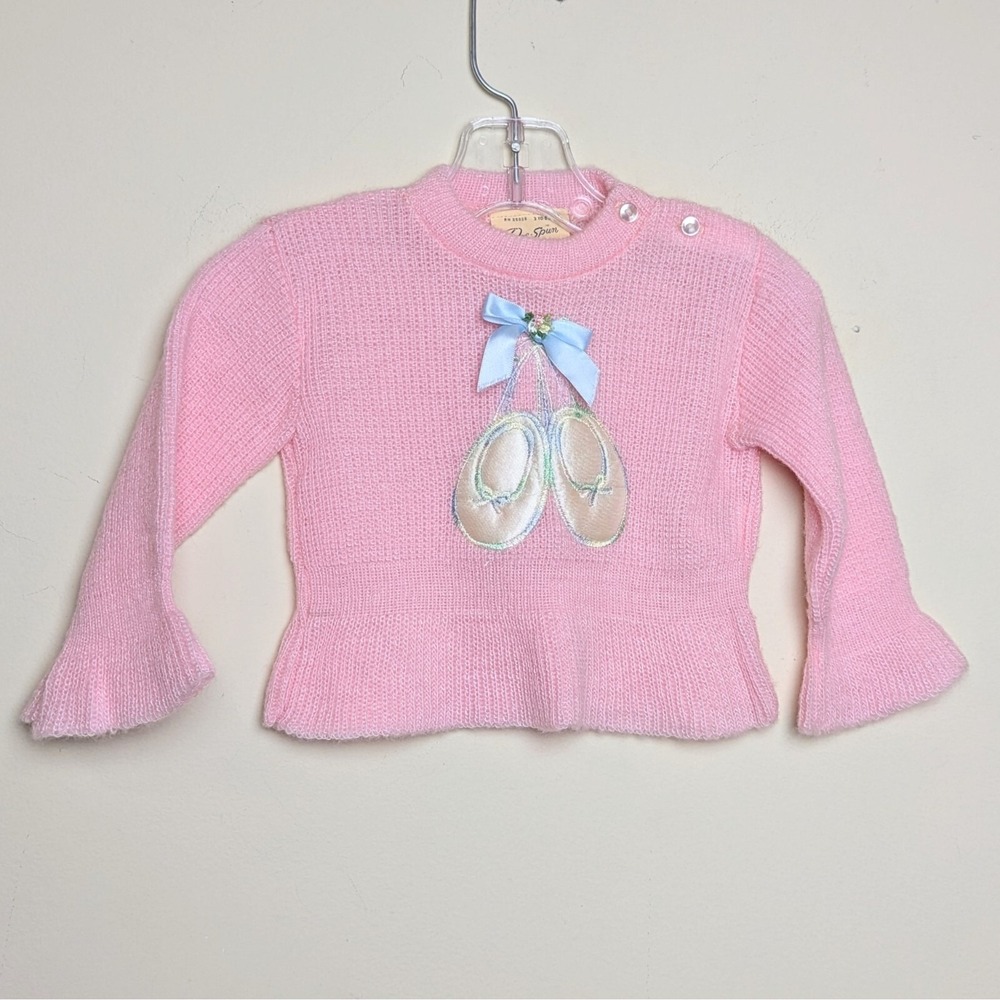 Vintage 70s Doe Spun Ballet Slippers Bow Pink Infant's Sweater 3-6 Months‎